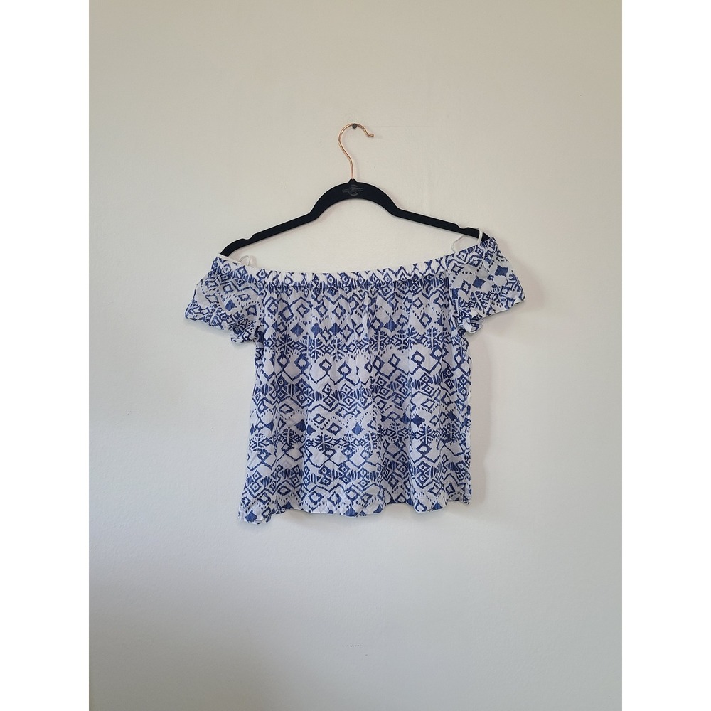 Cloth & Stone Charleston Off the Sholder Top Blue White Boho Size S Lightweight - Picture 3 of 7